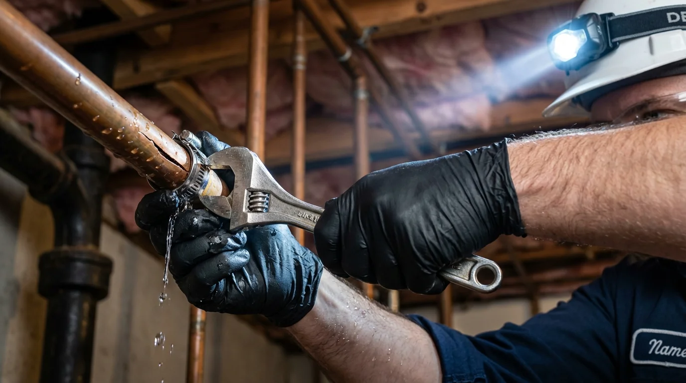 Emergency pipe clamp repair being performed by a Johns Plumbing LLC plumber in Scottsdale