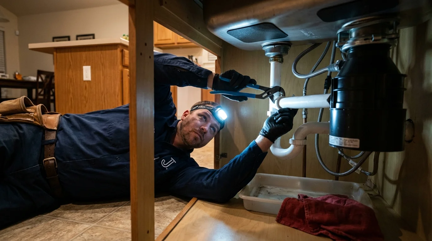 P-trap and supply line connections under a kitchen sink showing a common leak point in Scottsdale, AZ